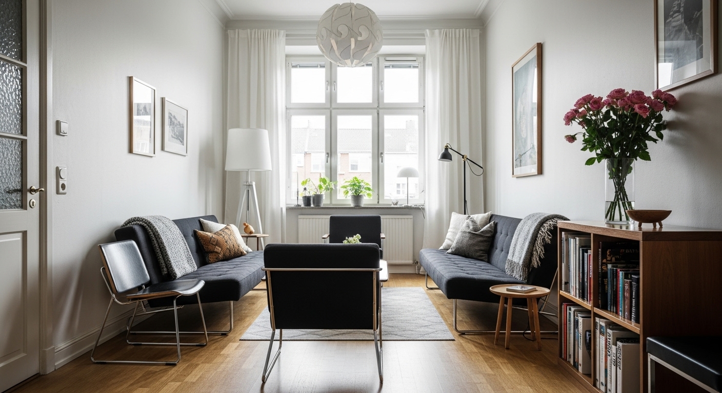 Elegant narrow living room featuring space-saving slender furniture that avoids a cramped look while maximizing flow.