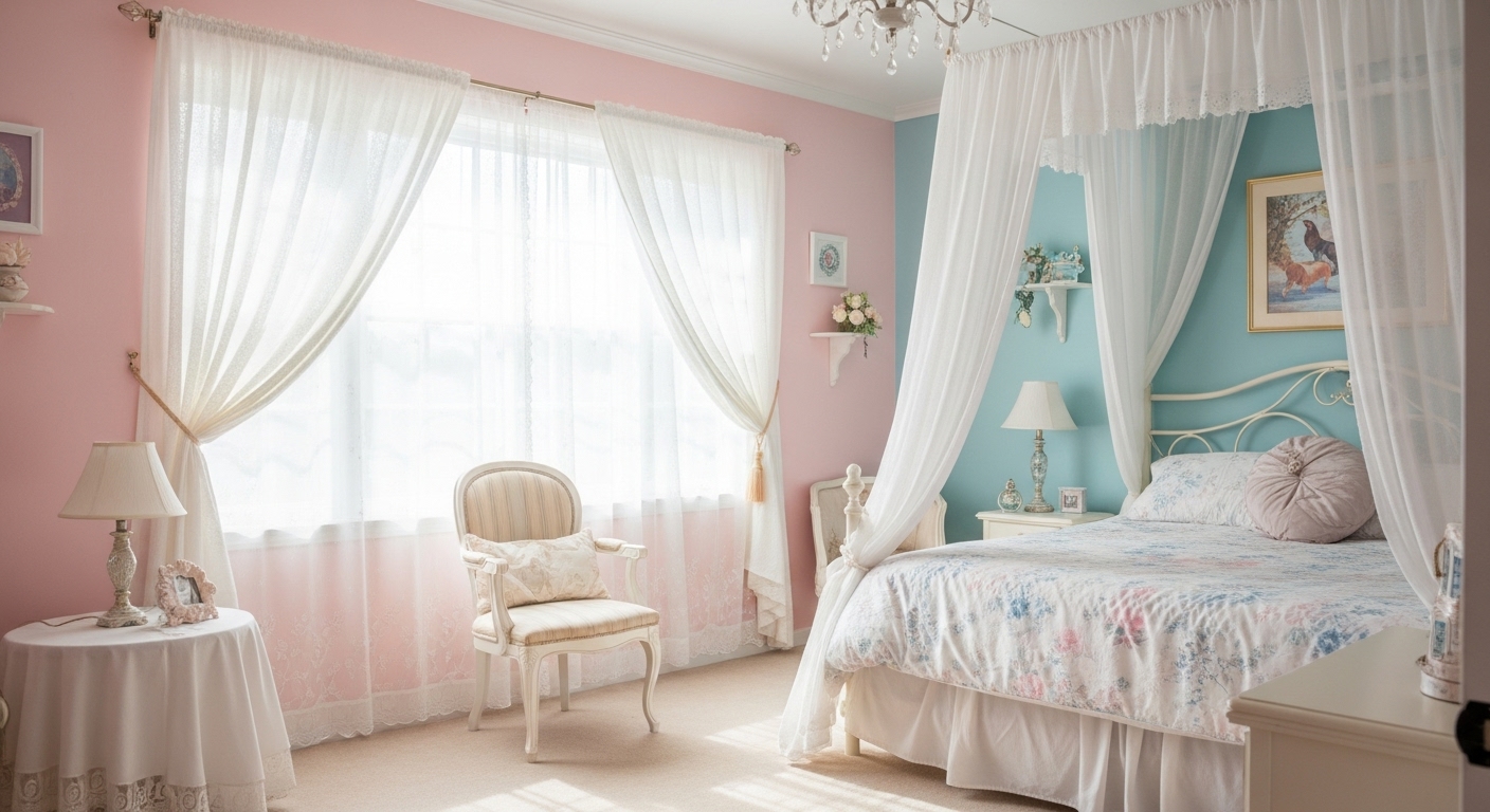 Romantic and cozy bedroom design using soft pastel tones like baby pink and light blue