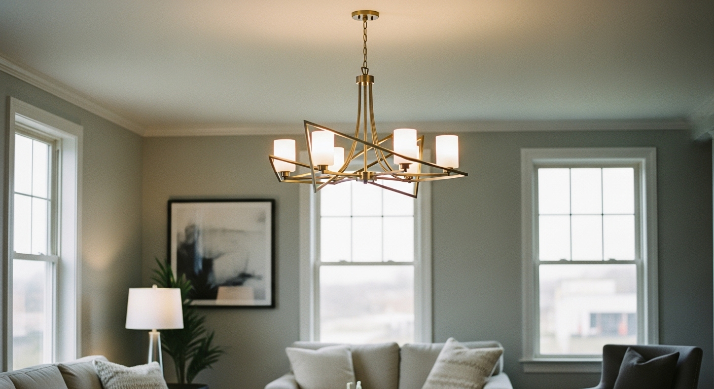 Living room with contemporary chandelier featuring clean lines and asymmetrical design