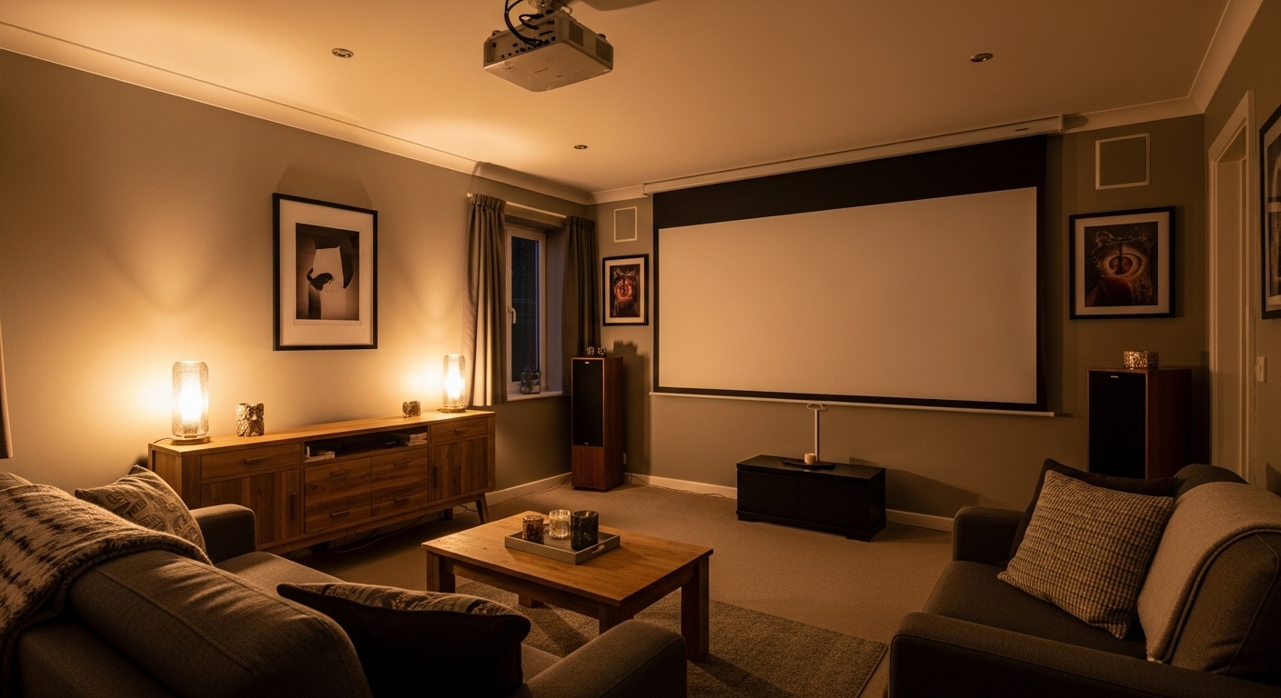 Stylish living room with a projector screen that descends from the ceiling for home cinema use