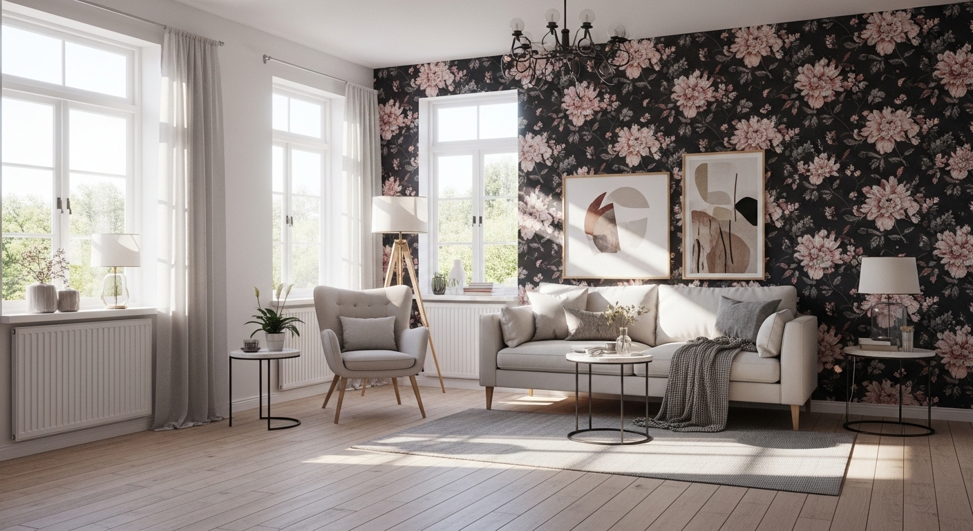 A cozy modern living room with a bold floral statement wallpaper wall and minimalist furniture, creating a sense of depth and space.