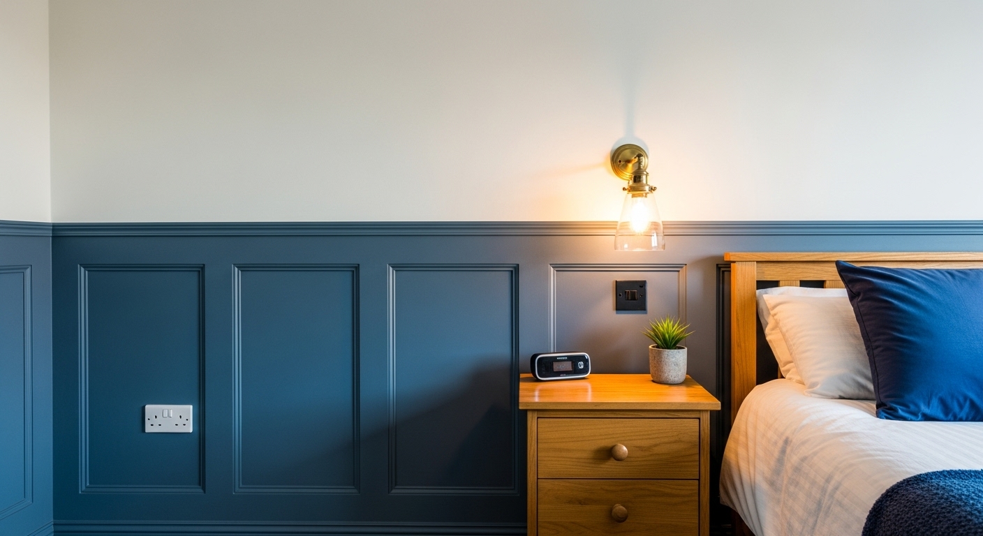 Bedroom accent wall with classic wainscoting painted in a contrasting color for depth