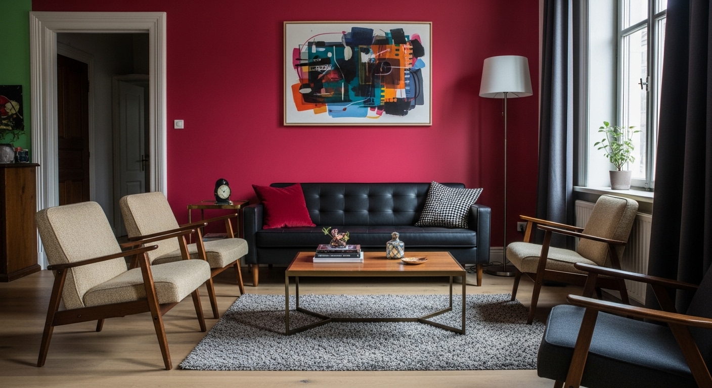 Living room combining modern furniture with vintage accents and bold wall colors, creating a contrasting yet complementary decor style.