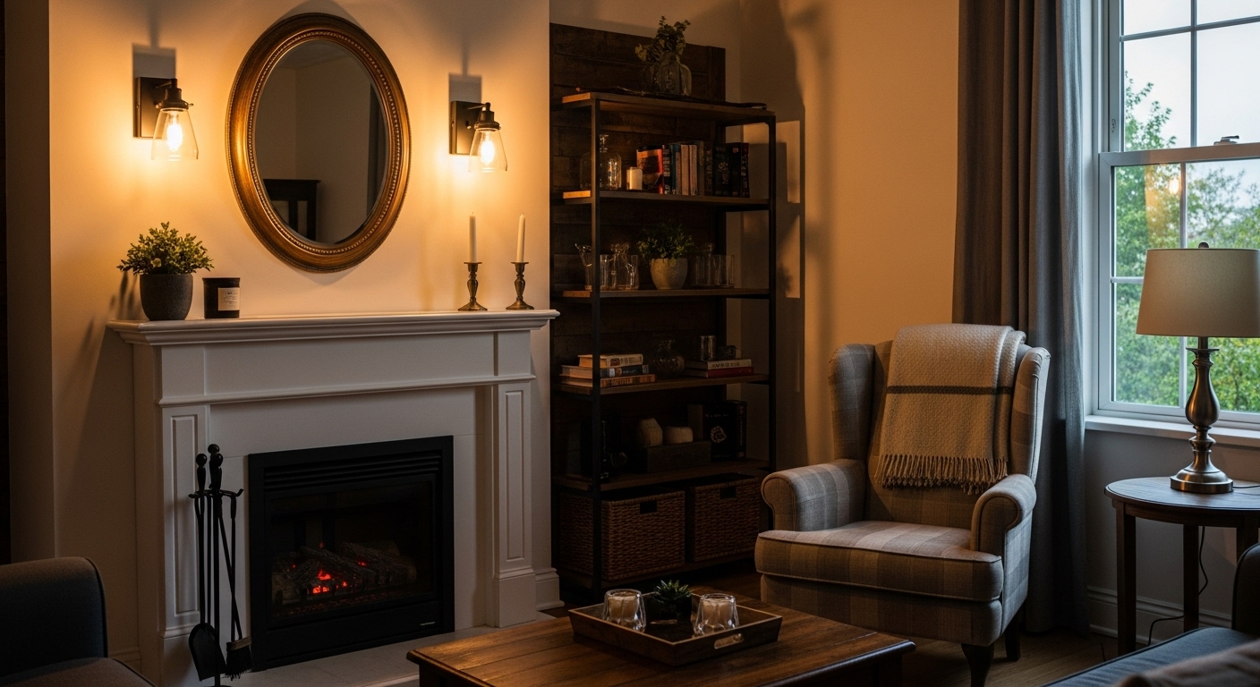 Decorative wall sconces above a living room mantel and beside a reading chair