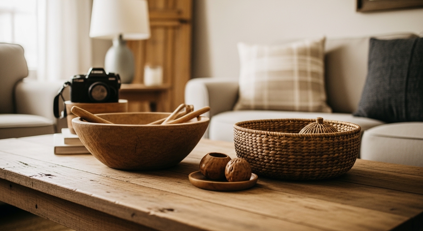 Wooden bowl and woven basket on a rustic coffee table, adding natural farmhouse charm to the room.