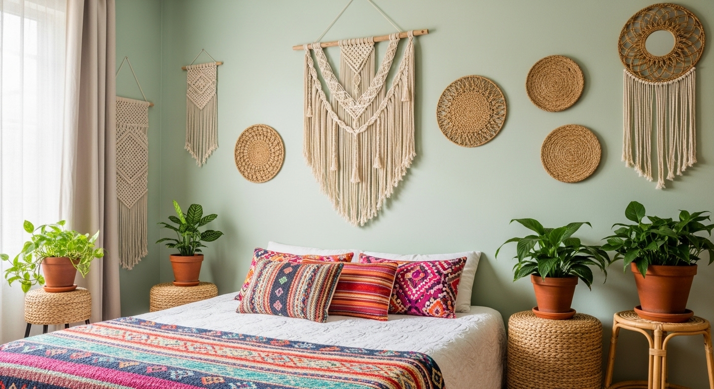 Boho-style green bedroom featuring macramé wall decor, colorful pillows, and complementary soft green tones.

