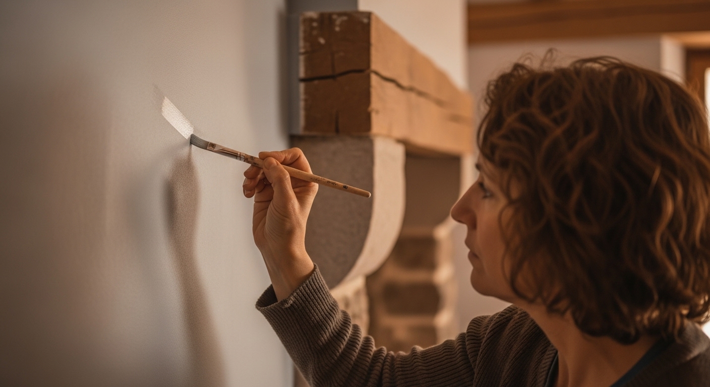 Hand painting touch-ups on a grey rustic living room wall to maintain a clean look.