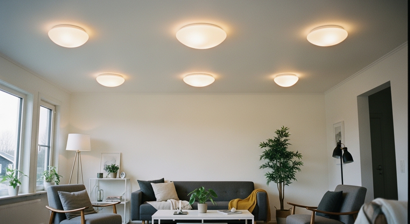 A living room with multiple ceiling lighting types including flush mount, semi-flush mount, and recessed lighting