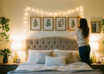 A young woman hanging botanical wall art in a cozy bedroom decorated with fairy lights and plants, representing a DIY bedroom decor idea for a tranquil space.