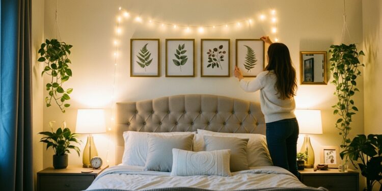 A young woman hanging botanical wall art in a cozy bedroom decorated with fairy lights and plants, representing a DIY bedroom decor idea for a tranquil space.