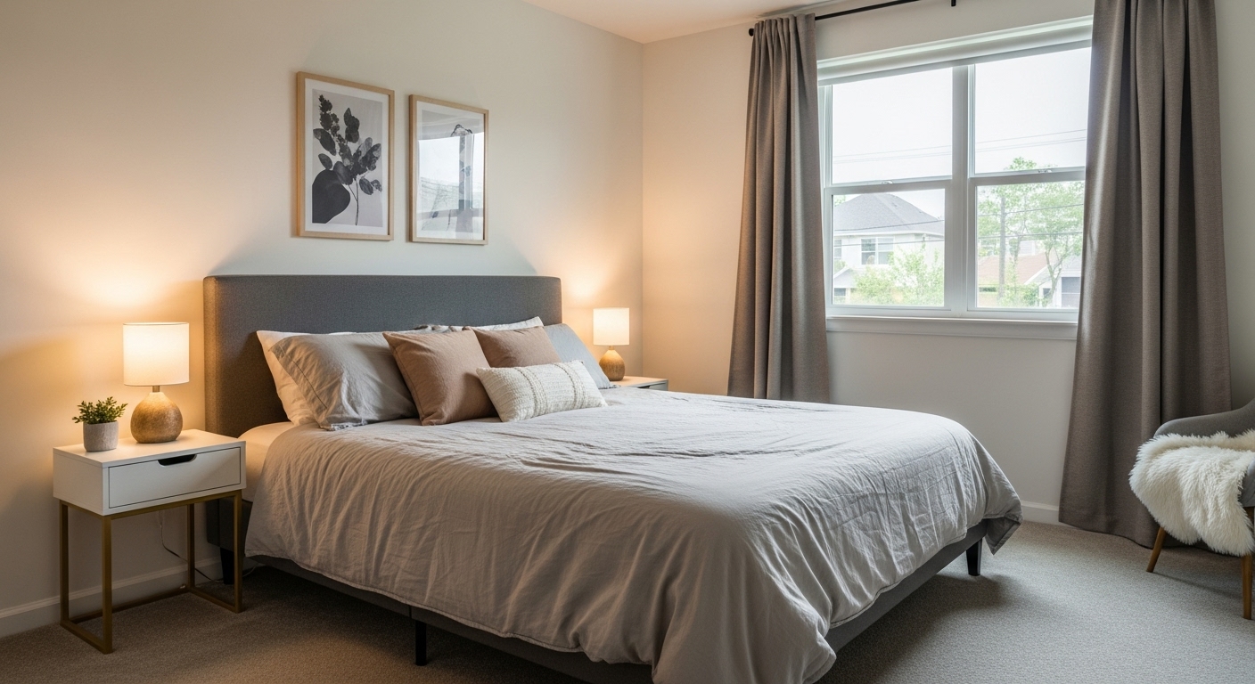 A cozy bedroom with a queen-size bed covered by an oversized king comforter, creating a layered and warm look.