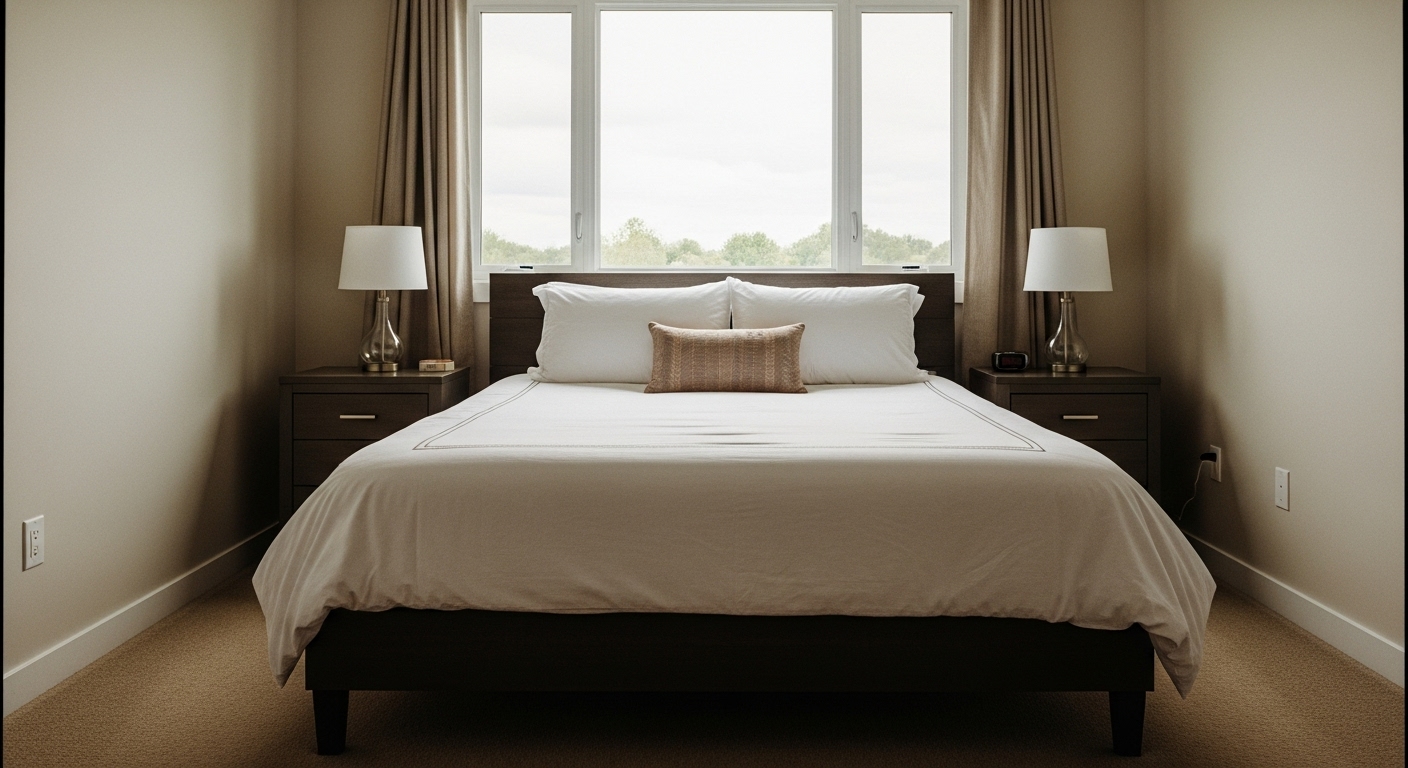 Modern bedroom with bed placed under window, clean and symmetrical layout, minimalistic decor