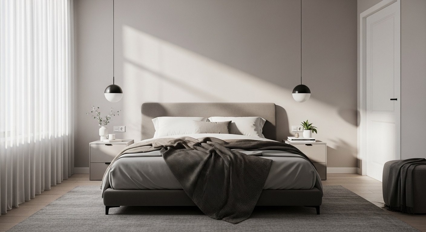 Minimalist bedroom with white bedding, geometric lines, and neutral tones, perfect for small spaces
