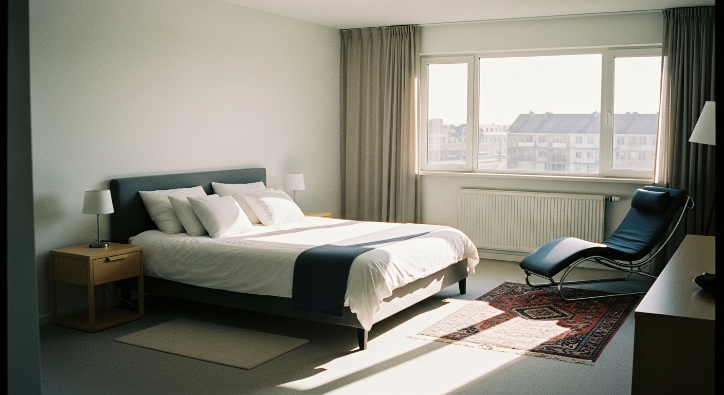Long bedroom with sleeping zone and sitting zone, area rug dividing space