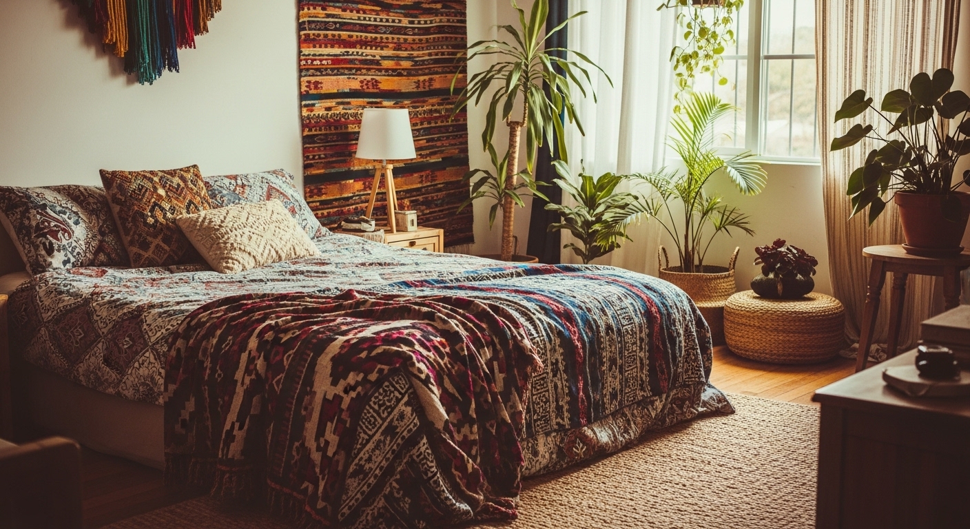 Bohemian-style bedroom with layered colorful textiles, patterns, and boho decor