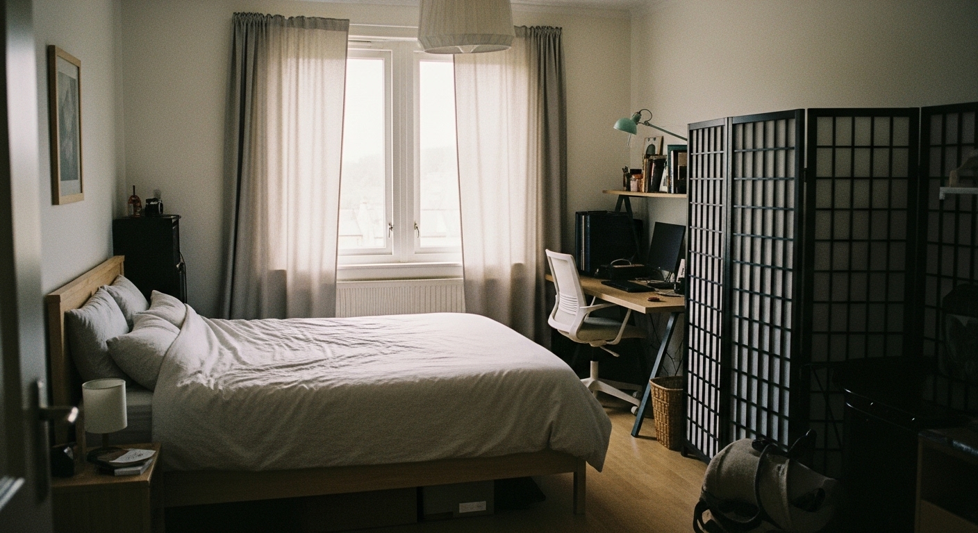 L-shaped bedroom with sleeping area and compact office in the corner