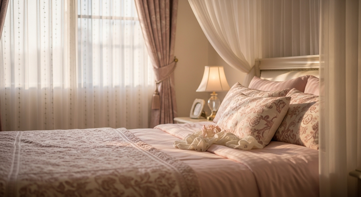 Soft romantic bedroom with sheer curtains, light pastel colors, and dreamy textures