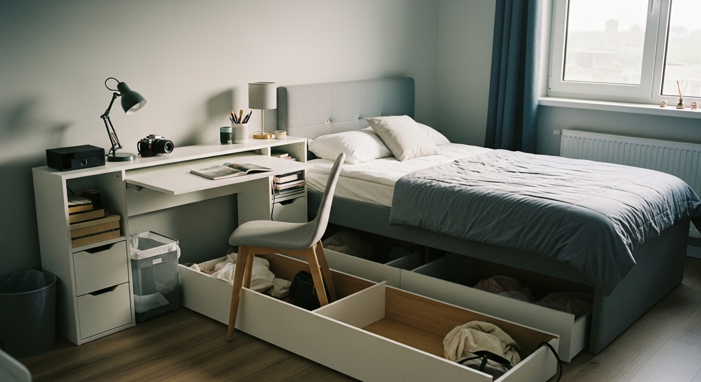 Bedroom with bed featuring storage drawers and a convertible desk-nightstand