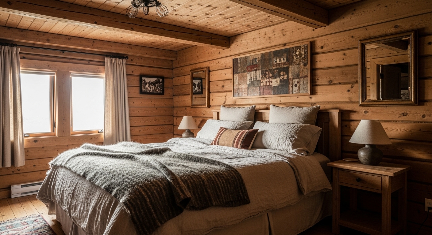 Rustic bedroom featuring wooden elements, linen bedding, and cozy wool textures