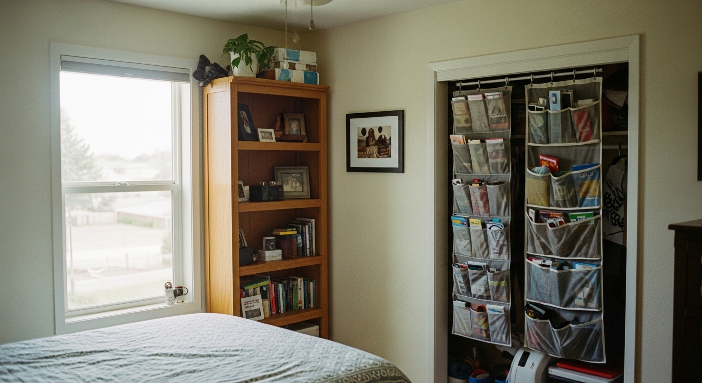 Bedroom wall with mounted shelves, tall bookcases, and hanging organizers