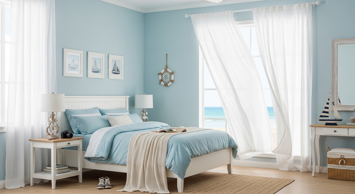 Coastal bedroom styled with light blue, sandy beige, and white beach tones

