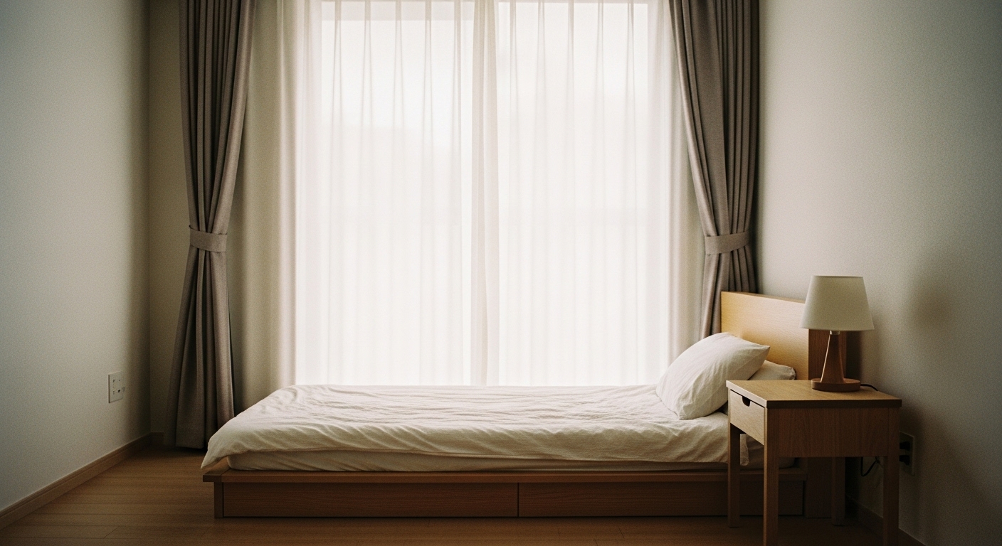 Clean minimalist bedroom with only essential furniture and neutral tones