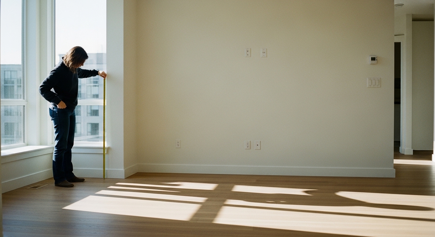 A person using a tape measure to record room dimensions in an empty modern living room.