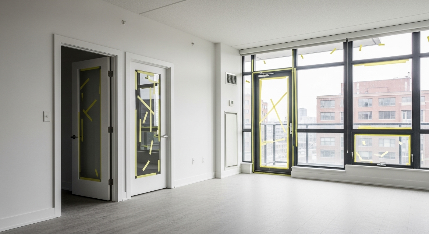 Interior view of a bright room with clearly visible doors and large windows marked with painter’s tape
