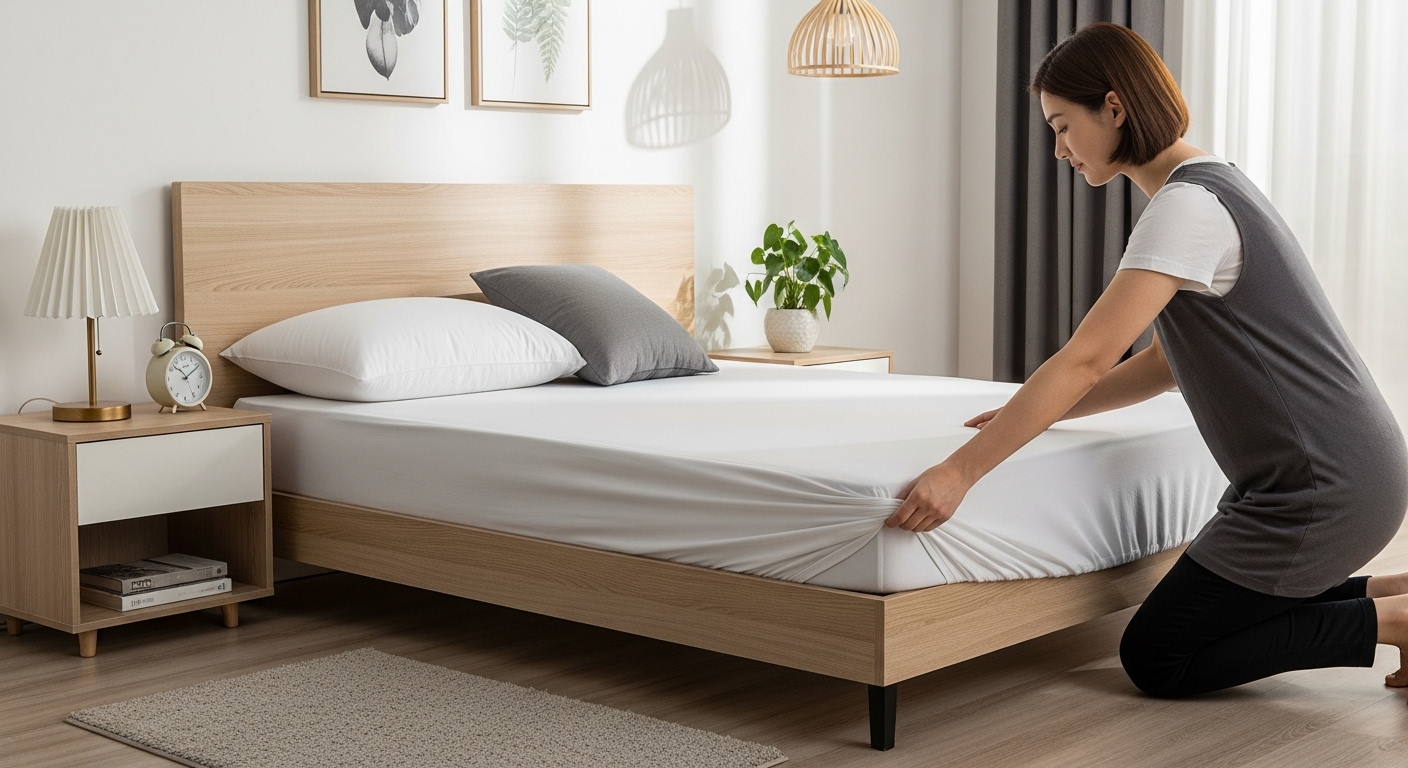 Person securing a white fitted bedsheet on a mattress in a clean and modern bedroom interior