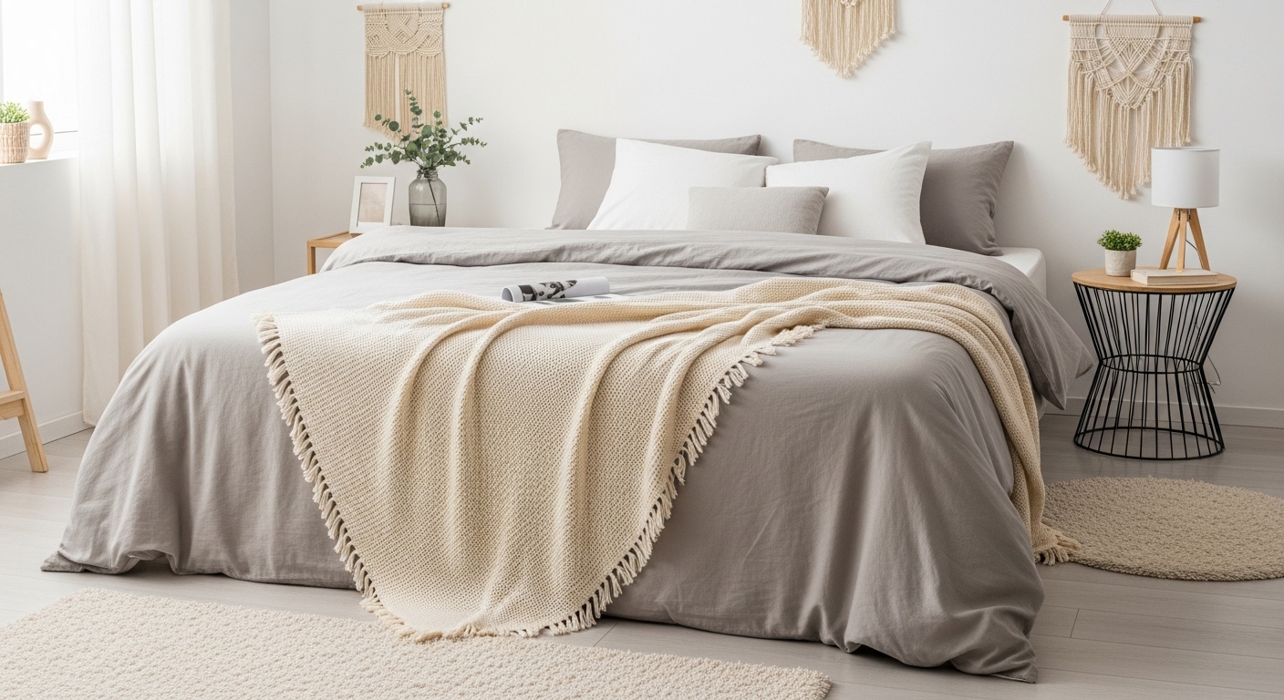 A king-size bedspread elegantly styled on a queen bed, creating a floor-reaching, luxurious bedroom aesthetic.