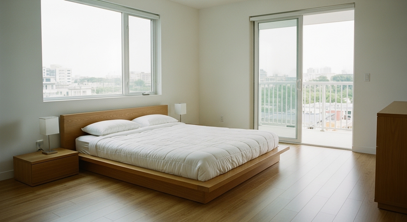 Spacious bedroom with 2-foot clearance around bed and minimal furniture