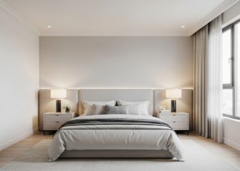 A beautifully arranged, spacious master bedroom featuring a large bed with neutral linens, two symmetrical nightstands with elegant lamps, and ample walking space, bathed in soft natural light, illustrating ideal bedroom layout concepts.