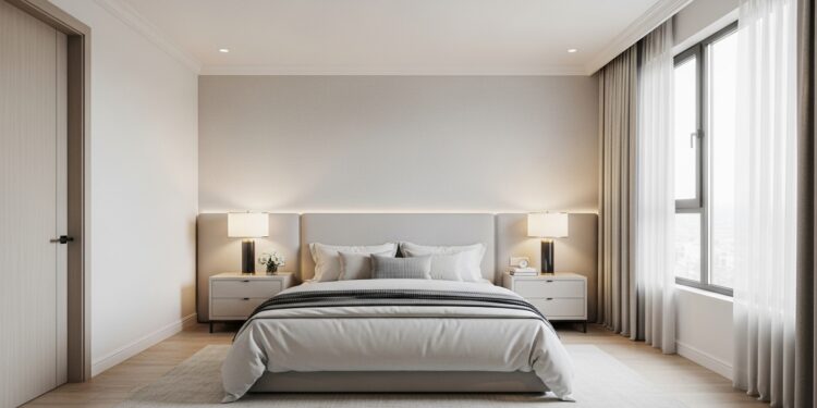 A beautifully arranged, spacious master bedroom featuring a large bed with neutral linens, two symmetrical nightstands with elegant lamps, and ample walking space, bathed in soft natural light, illustrating ideal bedroom layout concepts.