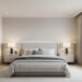 A beautifully arranged, spacious master bedroom featuring a large bed with neutral linens, two symmetrical nightstands with elegant lamps, and ample walking space, bathed in soft natural light, illustrating ideal bedroom layout concepts.