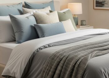 A perfectly made bed with crisp white sheets, a plush grey duvet, decorative throw pillows in various textures and colors, and a cozy knit blanket draped at the foot, bathed in soft morning light, showcasing a luxurious and inviting bedroom.