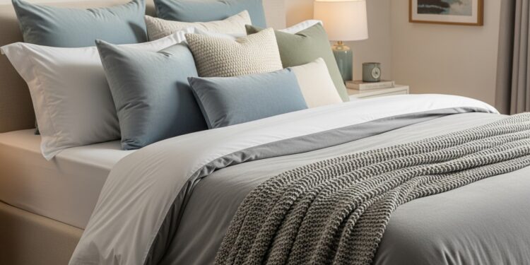 A perfectly made bed with crisp white sheets, a plush grey duvet, decorative throw pillows in various textures and colors, and a cozy knit blanket draped at the foot, bathed in soft morning light, showcasing a luxurious and inviting bedroom.