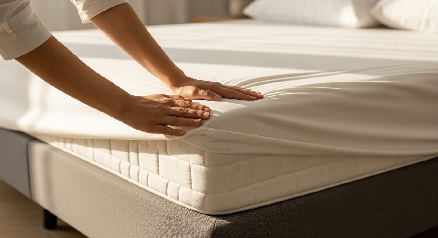 Hands tucking in a flat sheet at the head of a mattress in a modern softly lit bedroom