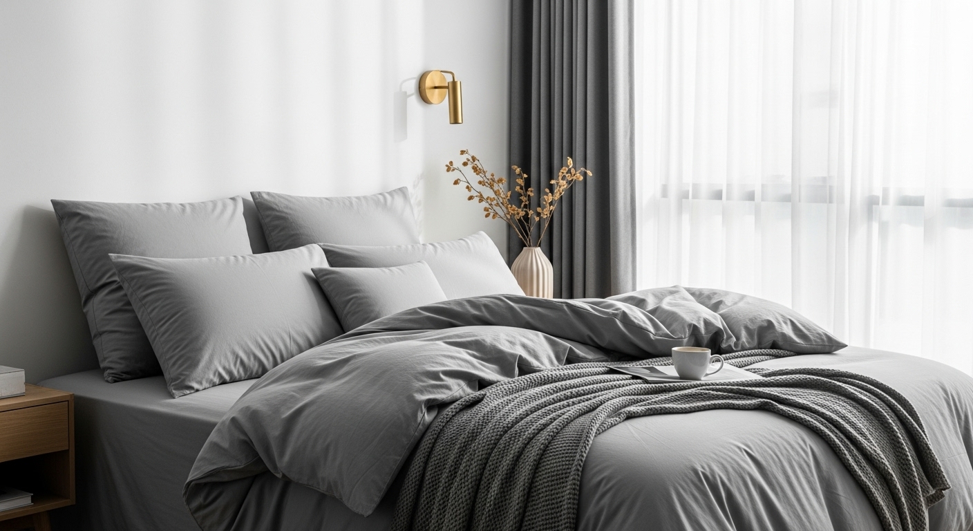 A bedroom scene showing king-size bedding placed on a queen bed, creating a full, overflowing appearance with plush textures.

