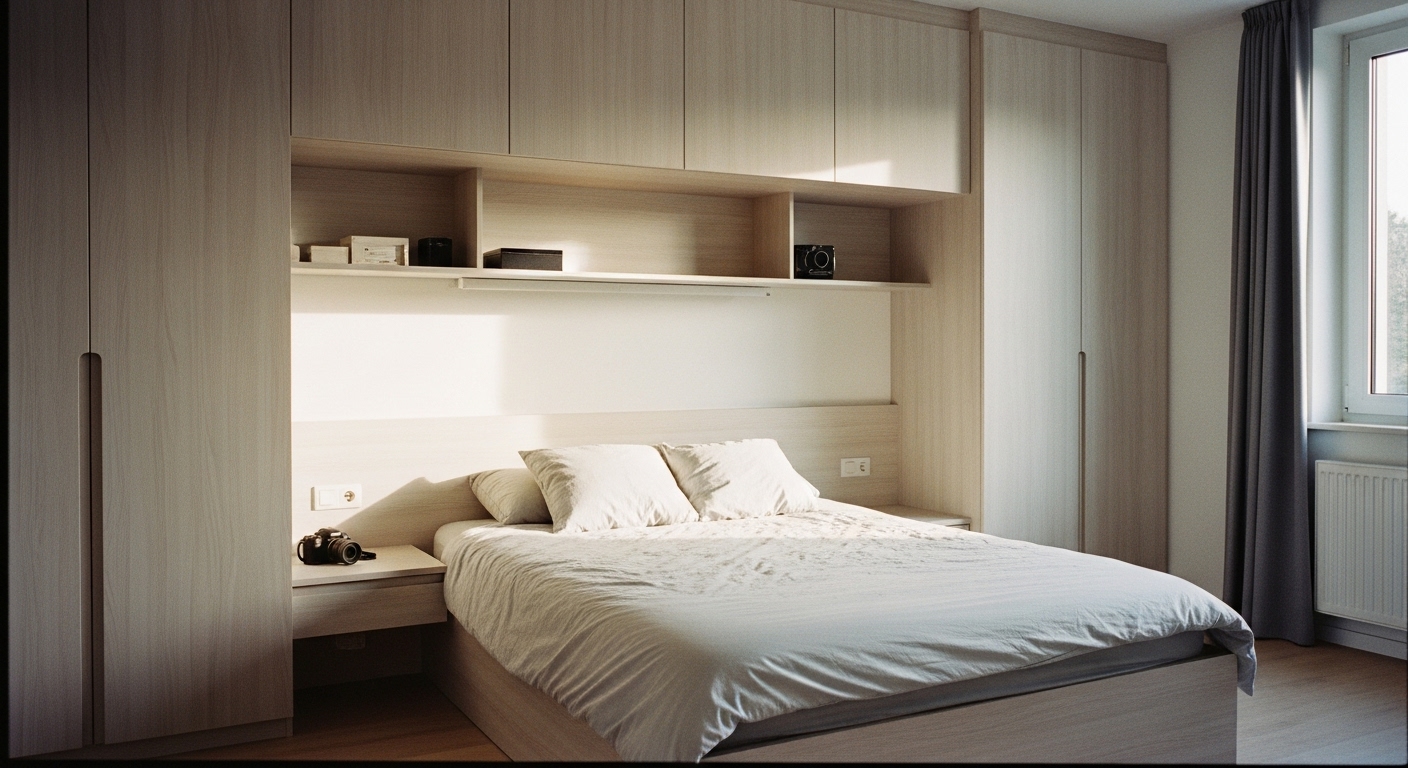 Bedroom with built-in wardrobes, nightstands, and overhead storage units
