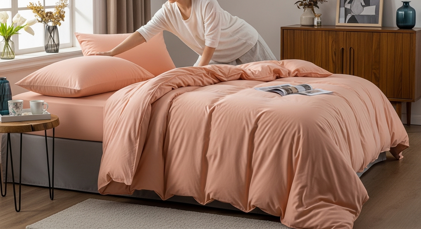 Comforter being smoothly laid over a flat sheet on a bed in a cozy and well-lit bedroom 