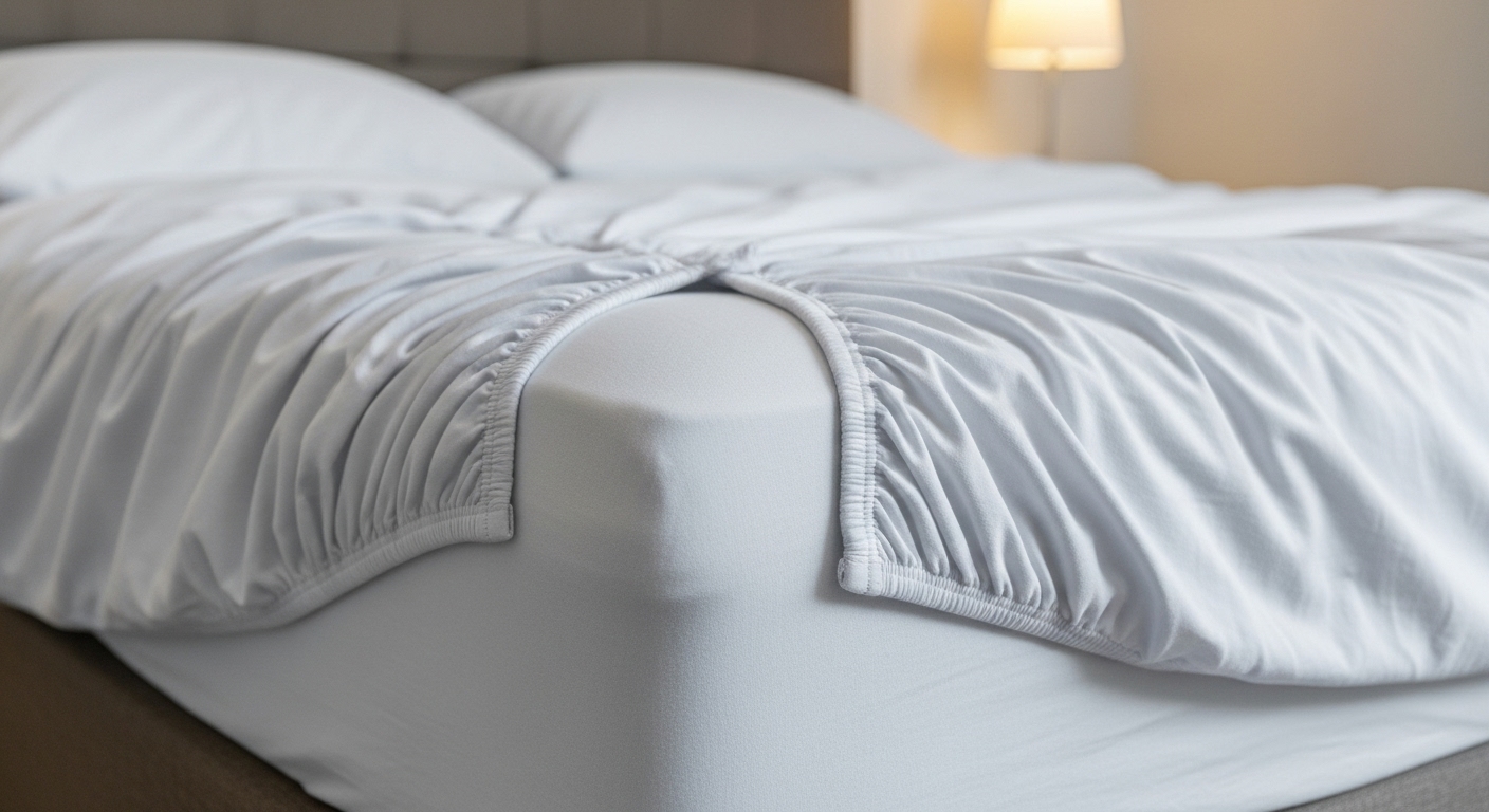 A queen-size bed with perfectly fitting sheets, neatly tucked in for a clean and snug appearance.