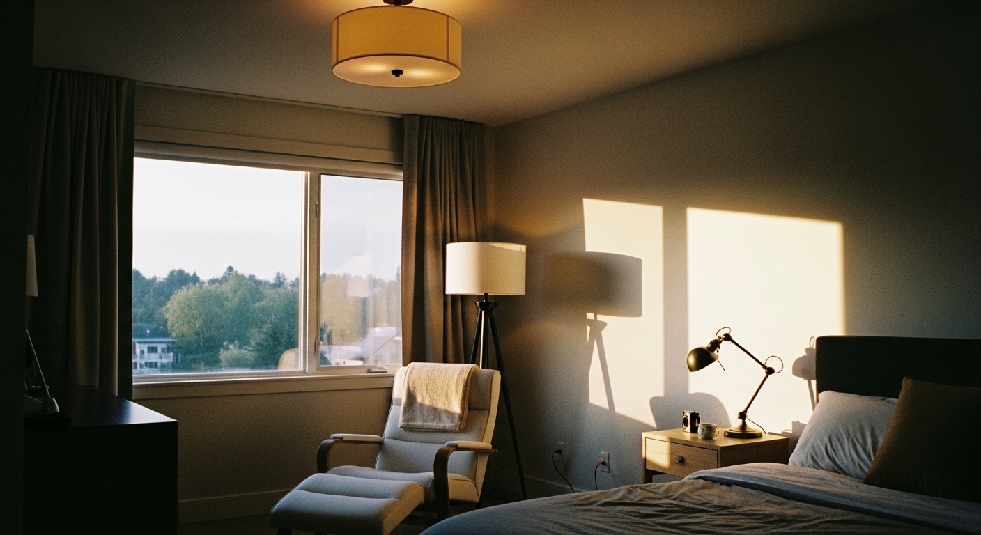 Bedroom with natural light, ceiling light, floor lamp, and desk lamp