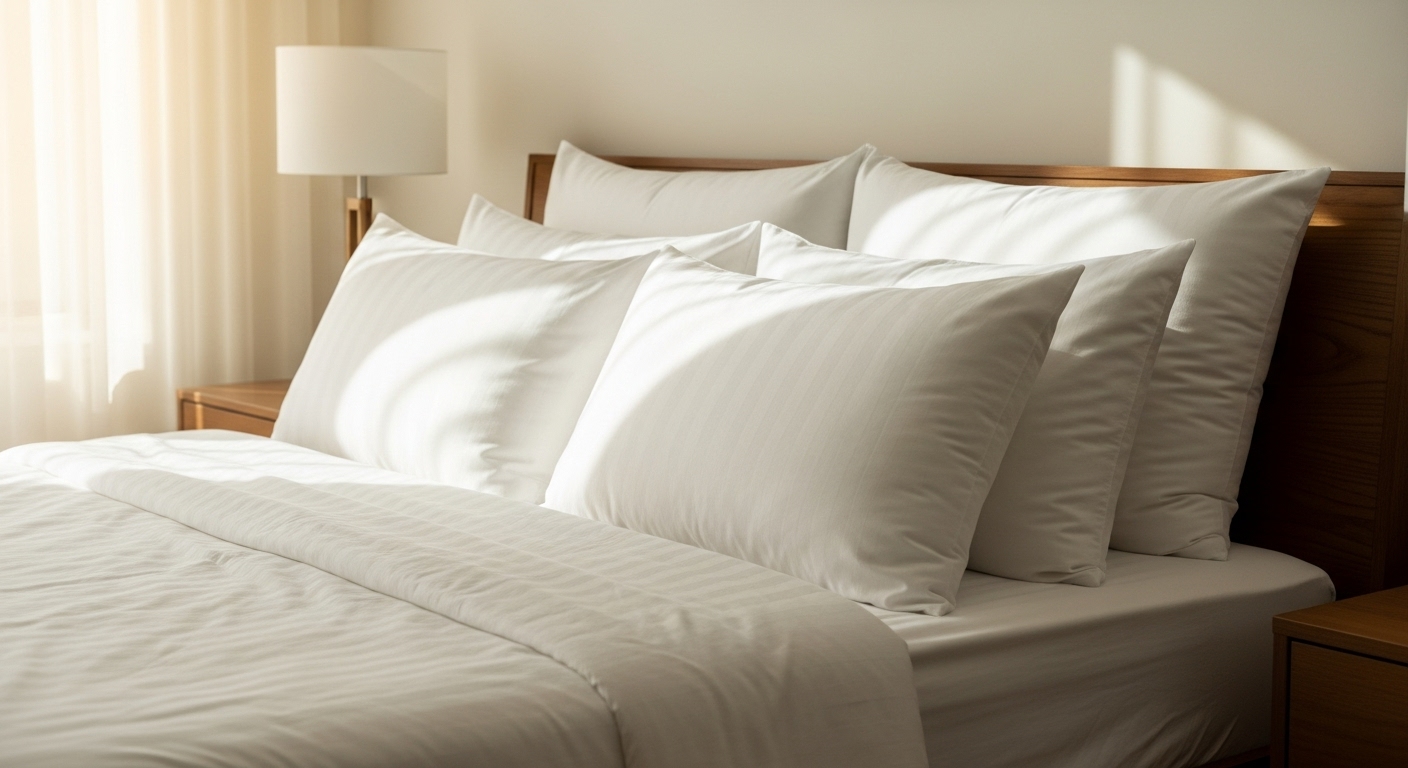 Neatly arranged pillows in fresh cases placed at the head of a stylish and cozy bed