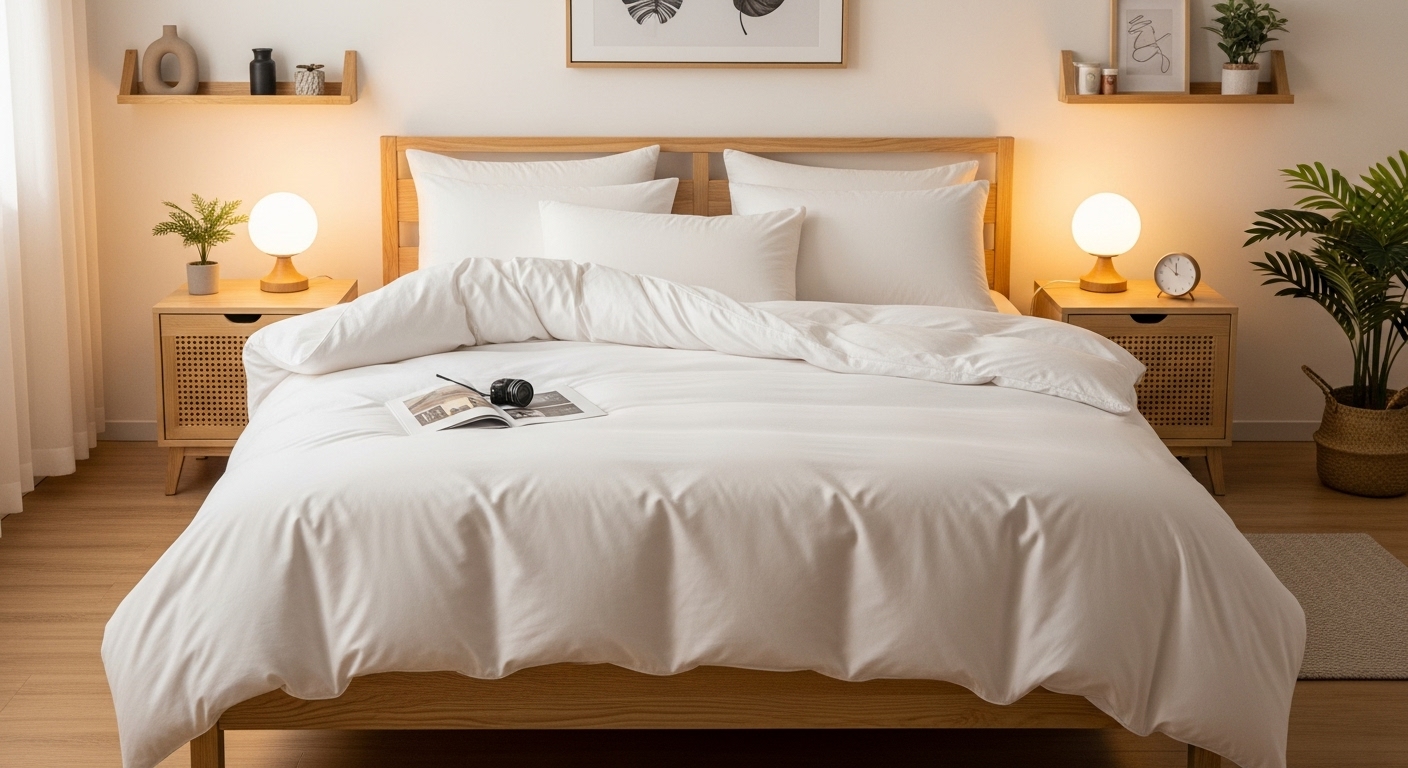  A duvet cover styled to make a king comforter fit better on a queen bed, giving a balanced and tailored look.