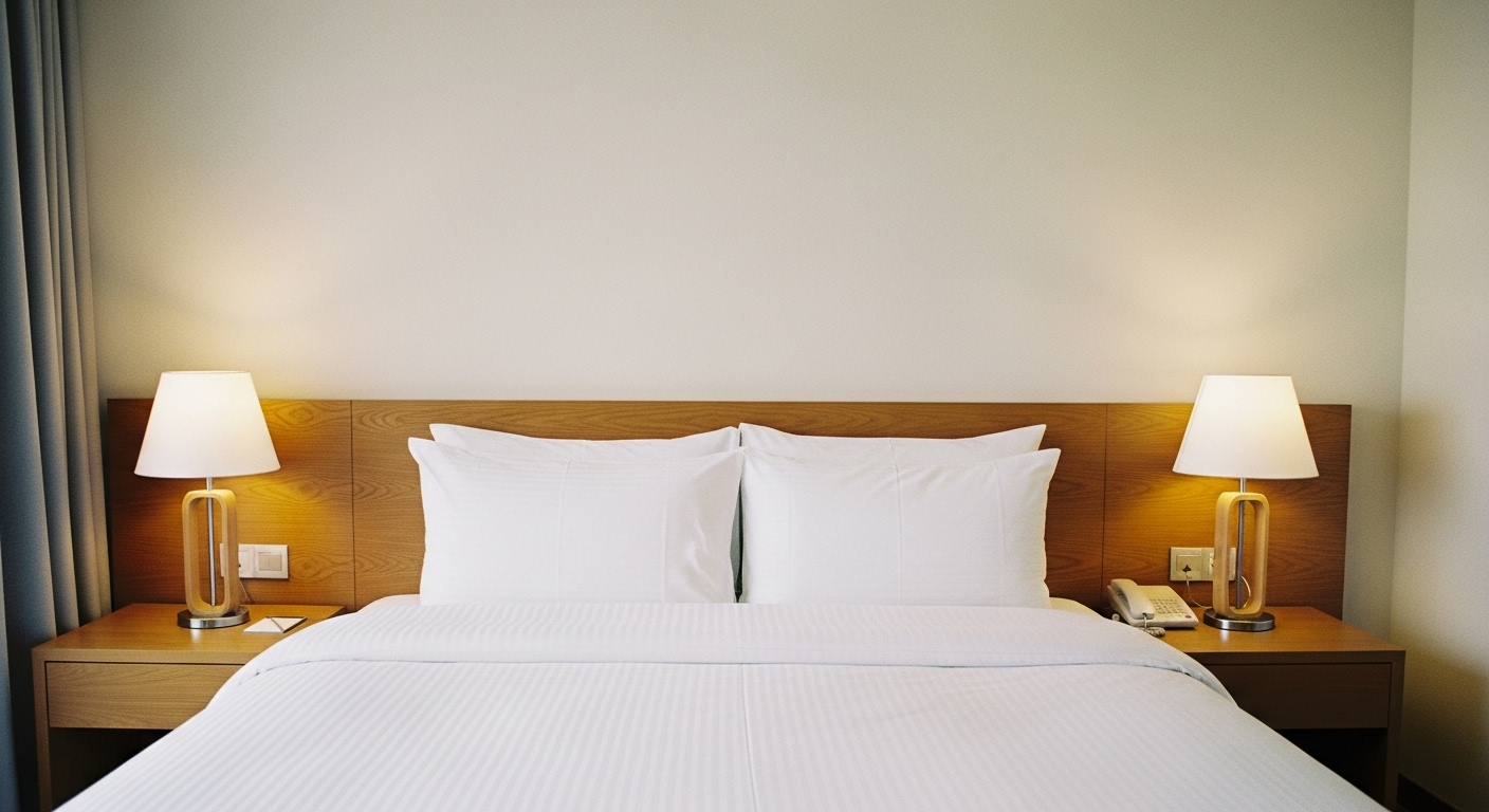 Symmetrical bedroom with bed centered between identical nightstands and lamps