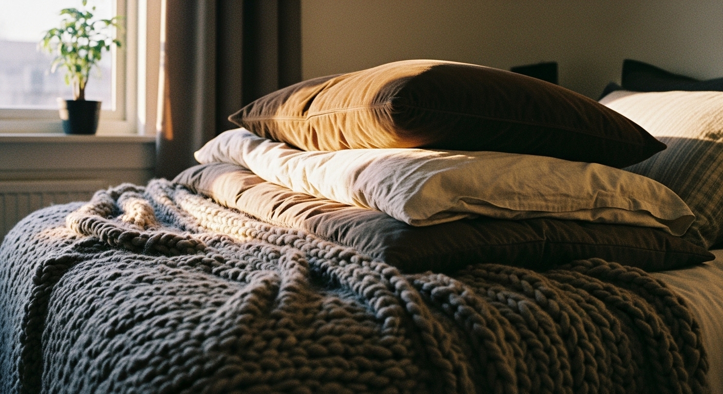 A cozy bed styled with soft cotton sheets and a chunky knit throw blanket for a warm layered texture look