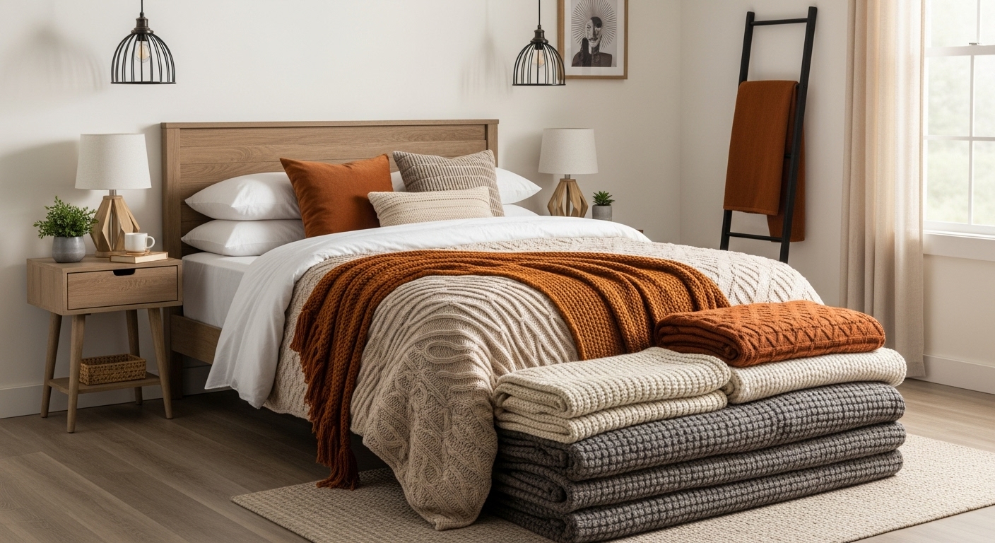 Decorative throws and cozy blankets artfully arranged on a queen bed to enhance warmth and visual appeal.