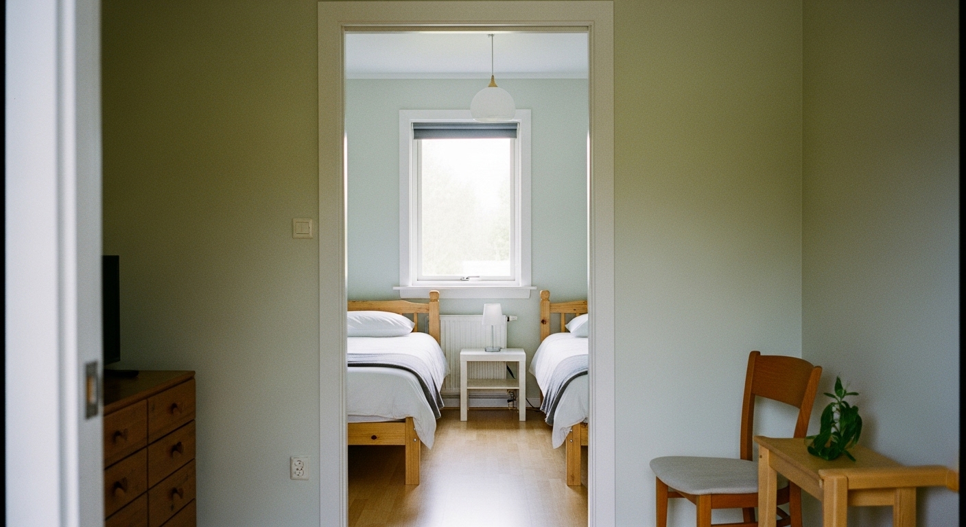 Compact bedroom with a bed placed in the corner and open floor space