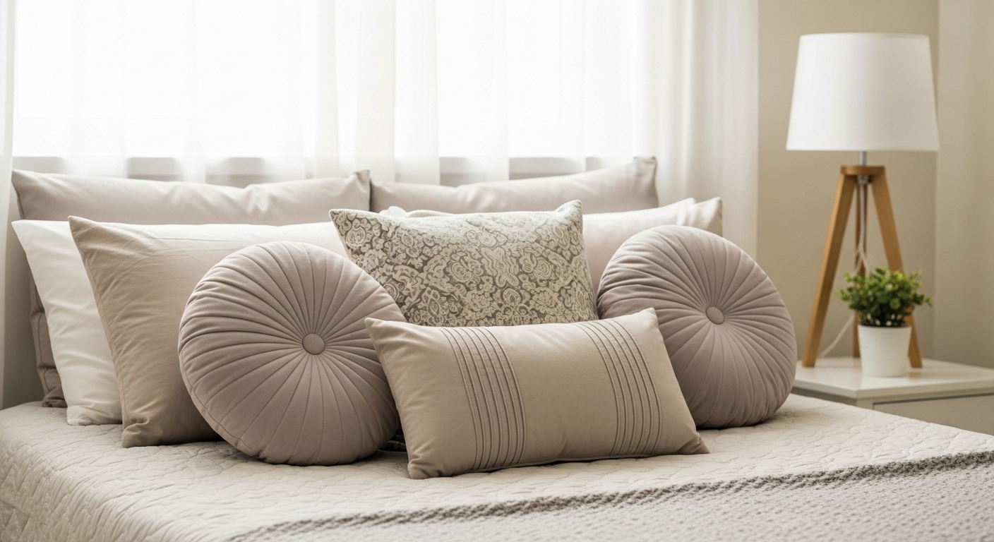 Stylish bedroom showcasing decorative pillows in various shapes and sizes arranged on a neatly made bed