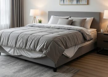 A neatly made king-sized bed with a slightly undersized queen comforter, showing the mattress edges, in a modern bedroom setting, illustrating the fit of different comforter sizes.